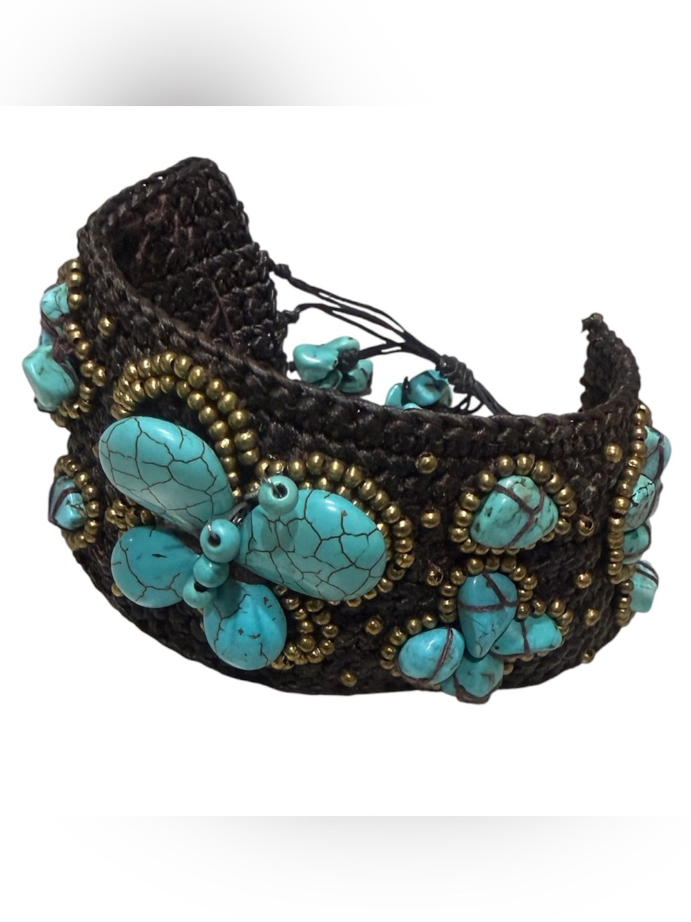 Handcrafted Butterfly Turquoise Chips Macrame Adjustable Cuff Boho Bracelet